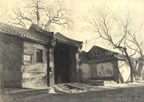 北京胡同铅笔画