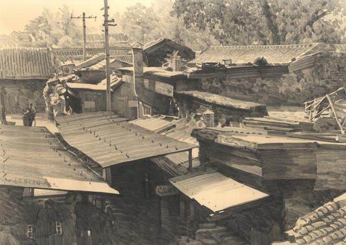 北京胡同铅笔画