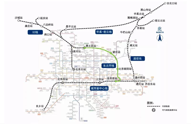 北京市郊铁路东北环线线路图及时刻表(未开通)
