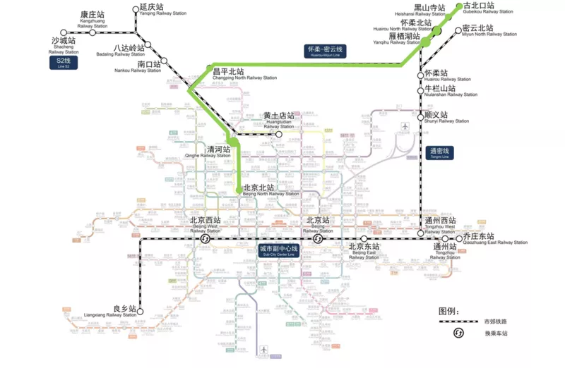 北京市郊铁路怀柔-密云线线路图