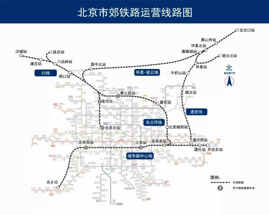 北京市郊铁路运营线路图