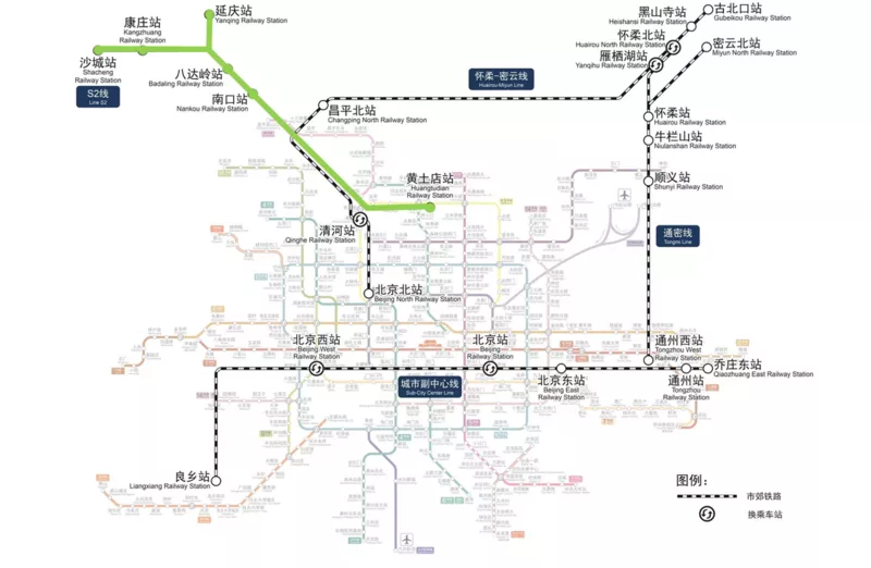 北京市郊铁路S2线线路图