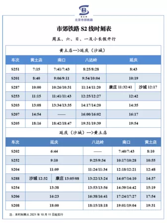 北京市郊铁路S2线时刻表