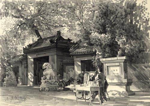 北京胡同铅笔画
