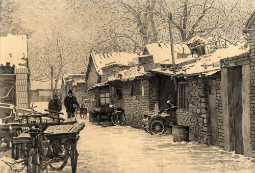 北京胡同铅笔画